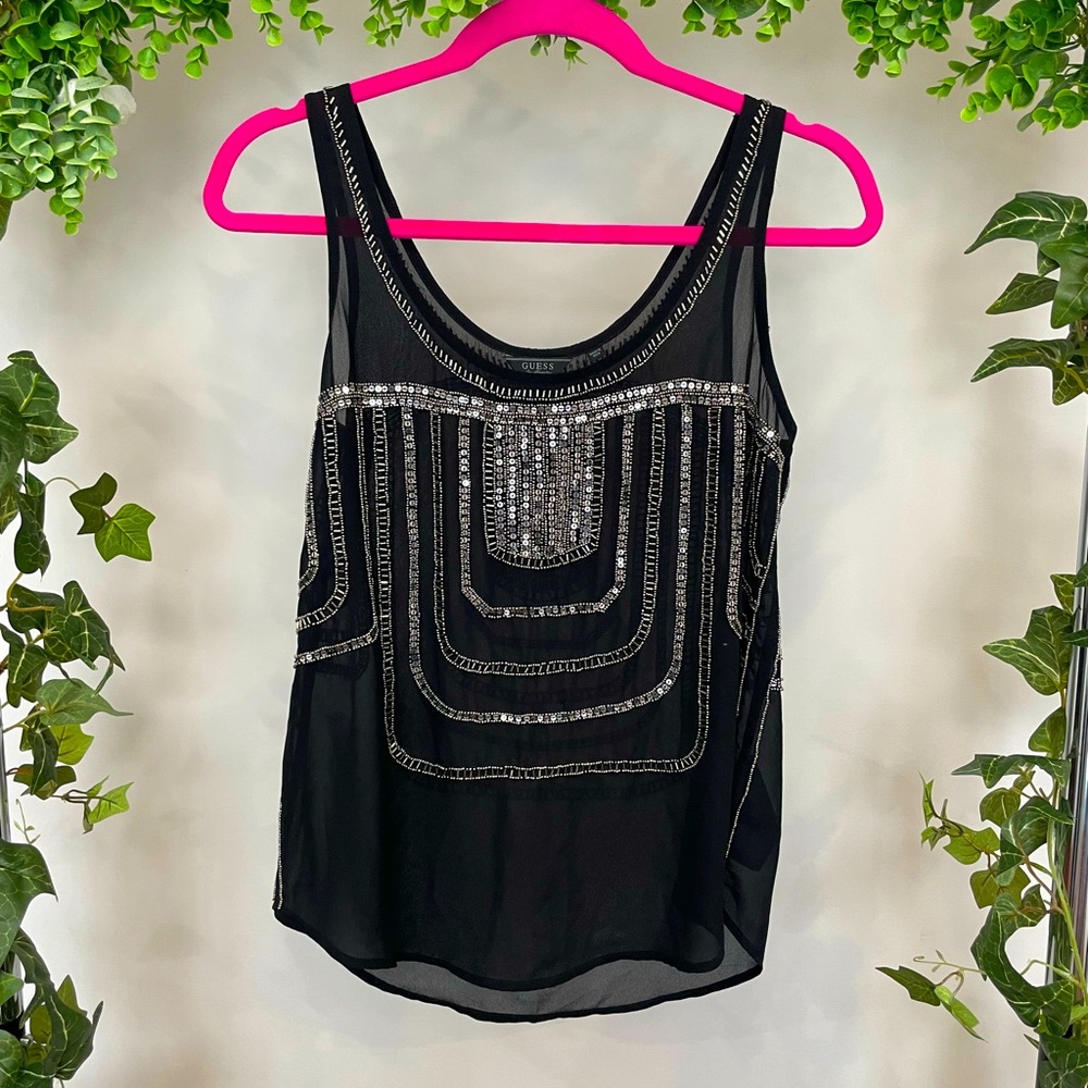 Black sheer sleeveless blouse w/ silver sequins from Guess. Size XS, loose fit!